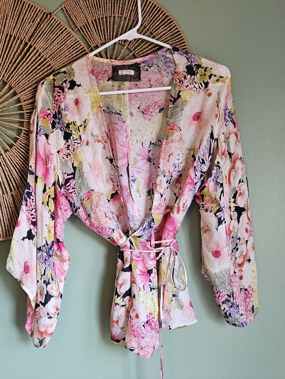 Reformation Silk Blend Floral Wrap Kimono Blouse